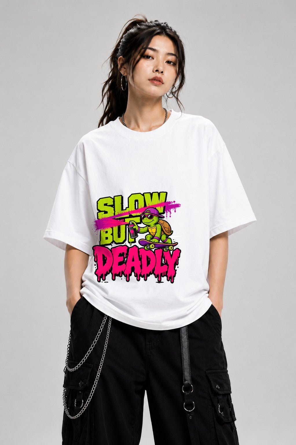 Slow But Deadly Turtle Skater Graphic Tee - Graffiti Street Art - White