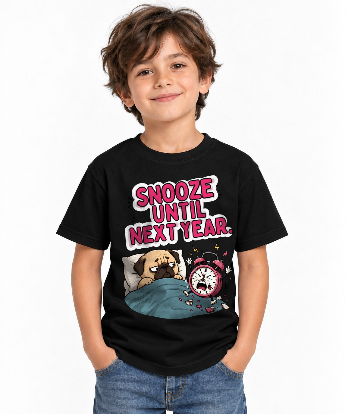 Snooze Until Next Year Funny Pug Alarm Clock Morning Sleepy Dog Humor - Black