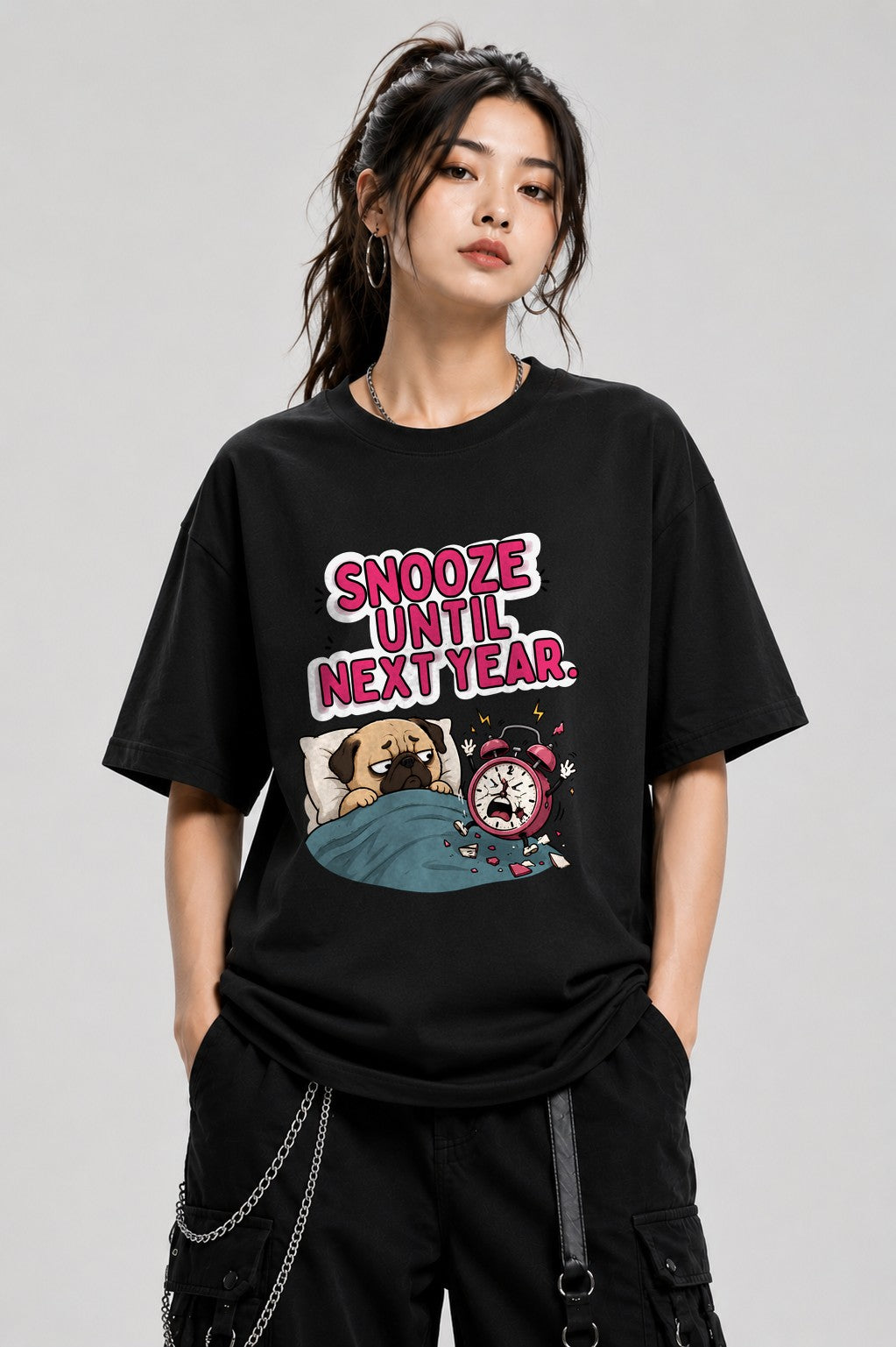 Snooze Until Next Year Funny Pug Shirt - Relatable Sleep Meme - Black