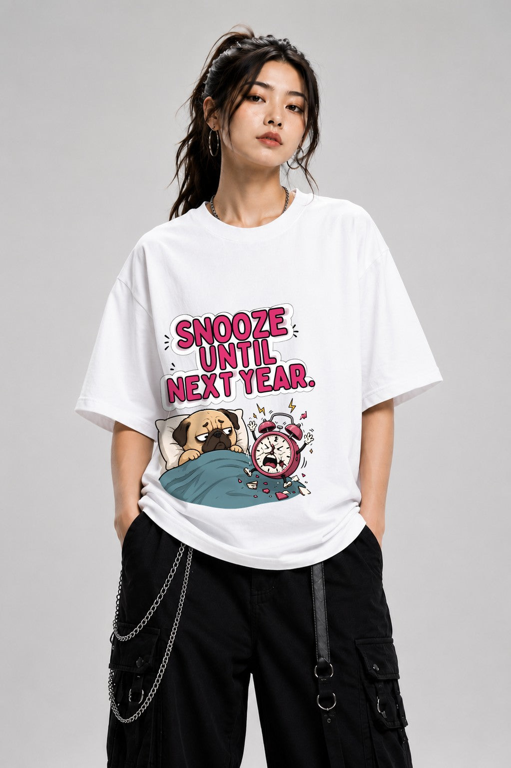 Snooze Until Next Year Funny Pug Shirt - Relatable Sleep Meme - White