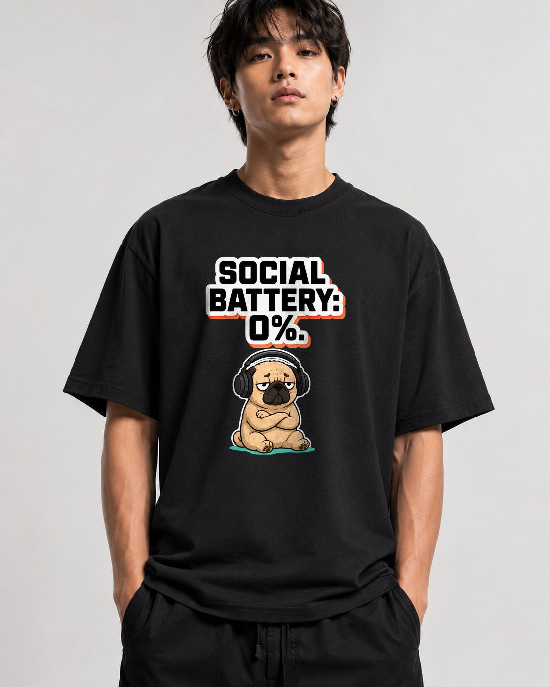 Social Battery Zero Pug Shirt - Funny Introvert Meme Tee - Black