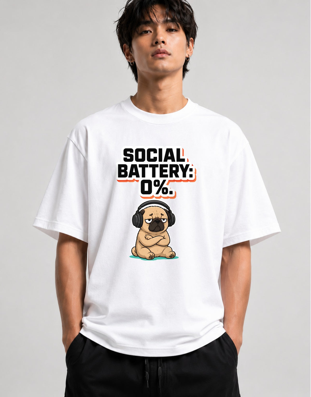 Social Battery Zero Pug Shirt - Funny Introvert Meme Tee - White