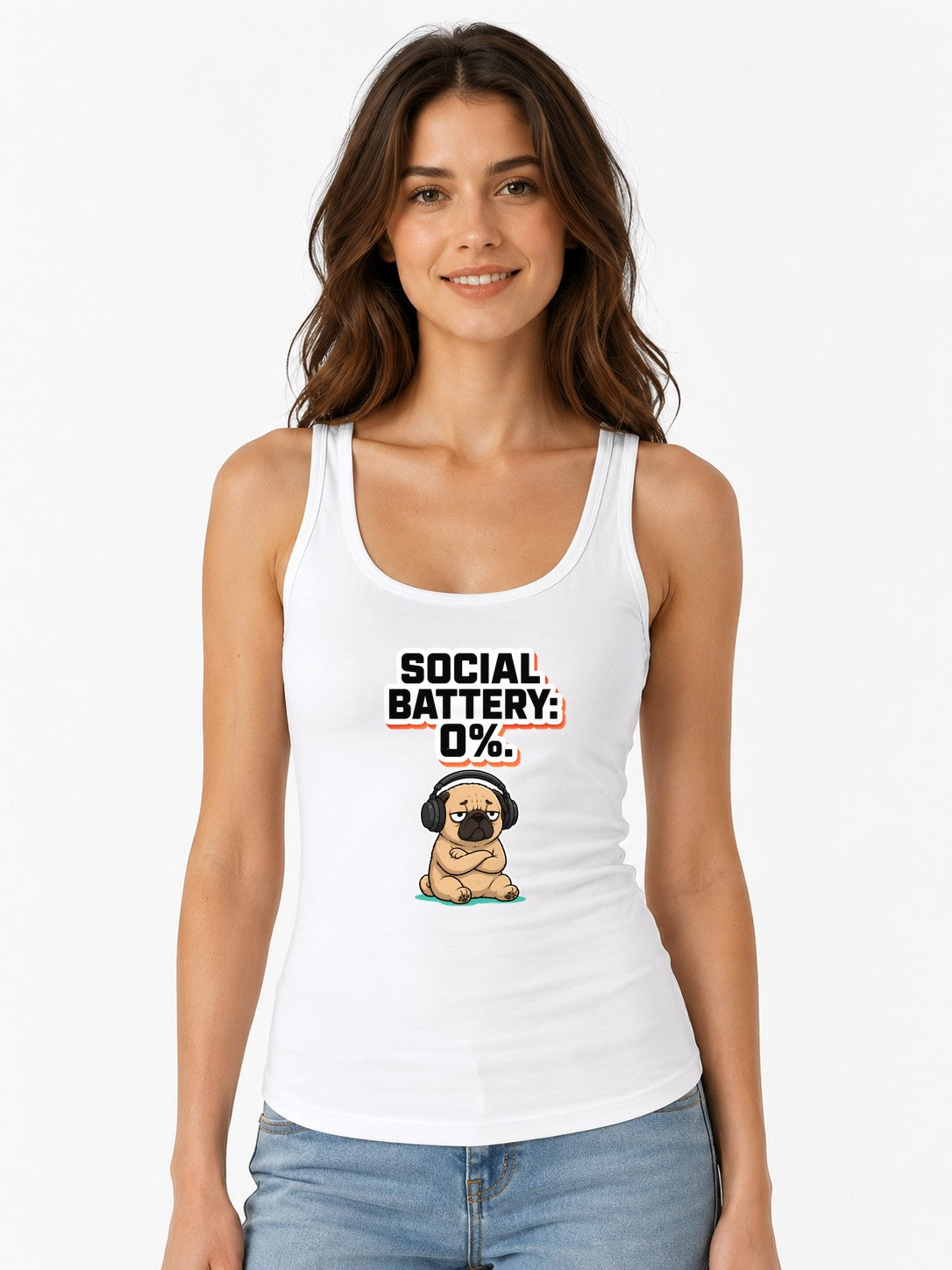 Social Battery Zero Pug Shirt - Funny Introvert Meme Tee - White