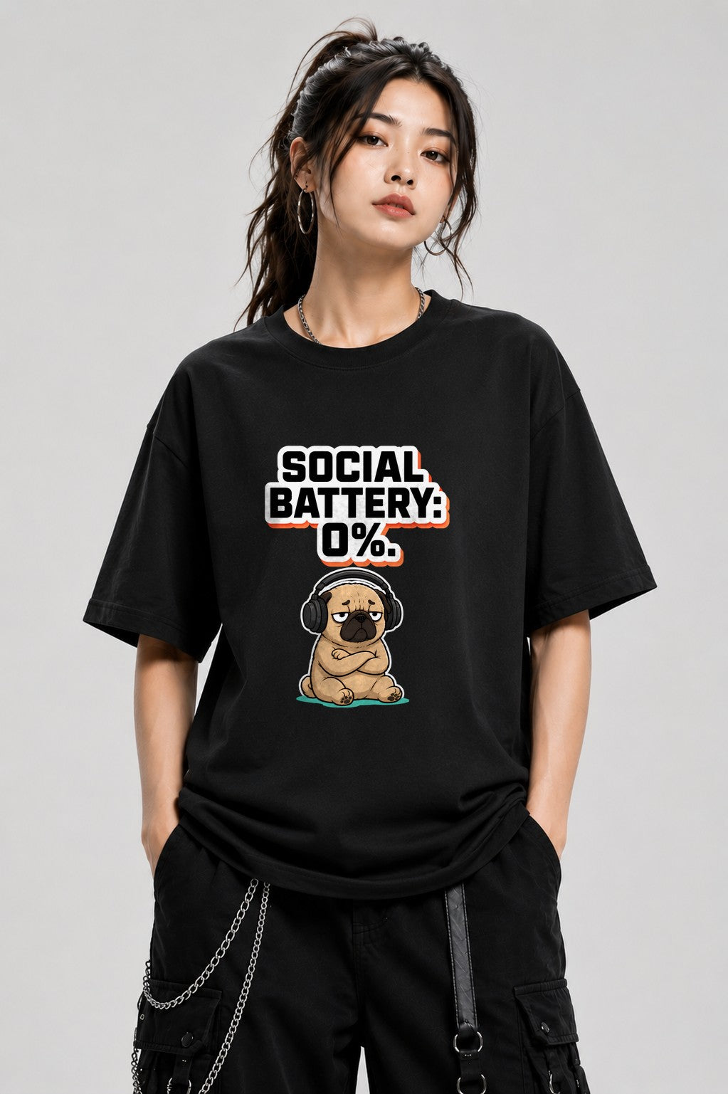 Social Battery Zero Pug Shirt - Funny Introvert Meme Tee - Black
