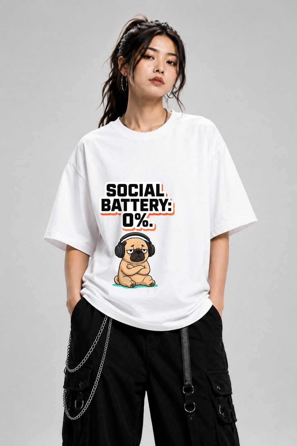 Social Battery Zero Pug Shirt - Funny Introvert Meme Tee - White