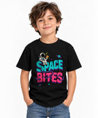 Space Bites Astronaut Pizza Shirt - Retro Cosmic Food Graphic Tee - Black