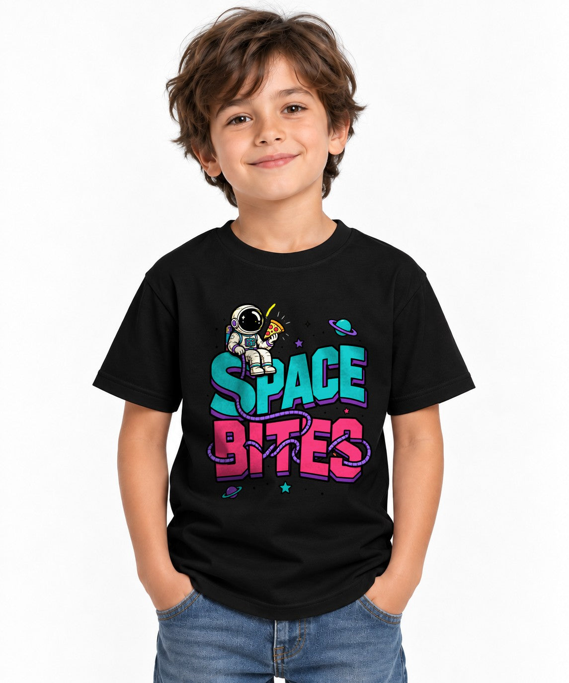 Space Bites Astronaut Pizza Shirt - Retro Cosmic Food Graphic Tee - Black