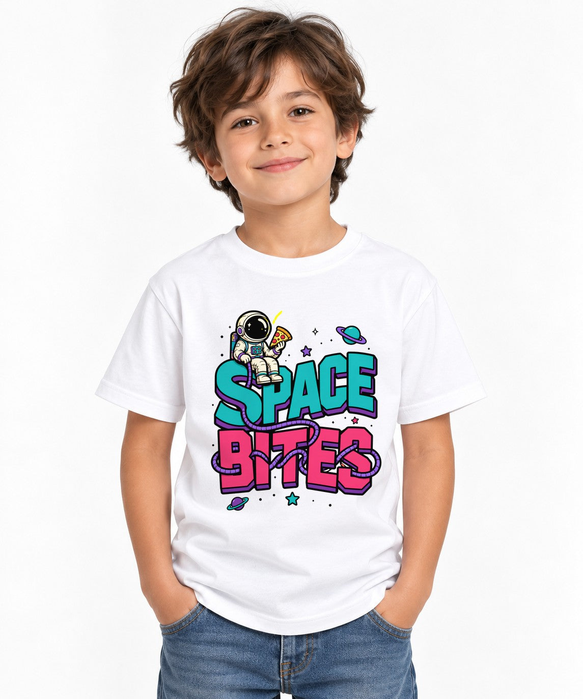 Space Bites Astronaut Pizza Shirt - Retro Cosmic Food Graphic Tee - White