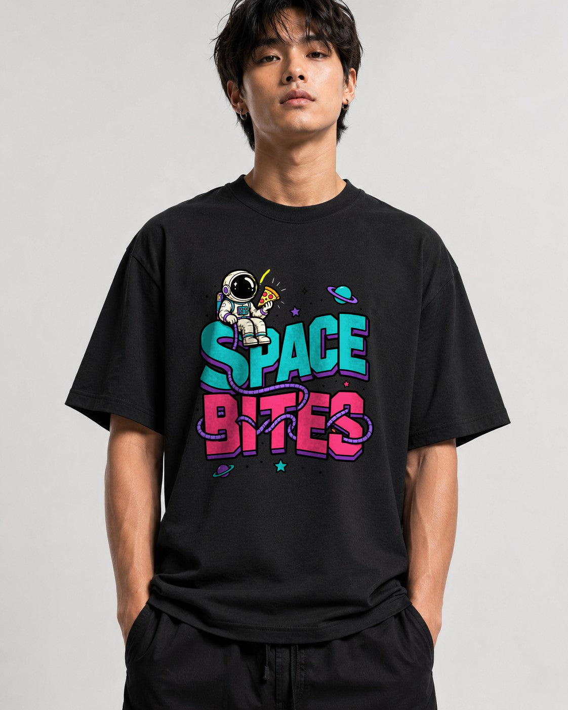 Space Bites Astronaut Pizza Shirt - Retro Cosmic Food Graphic Tee - Black