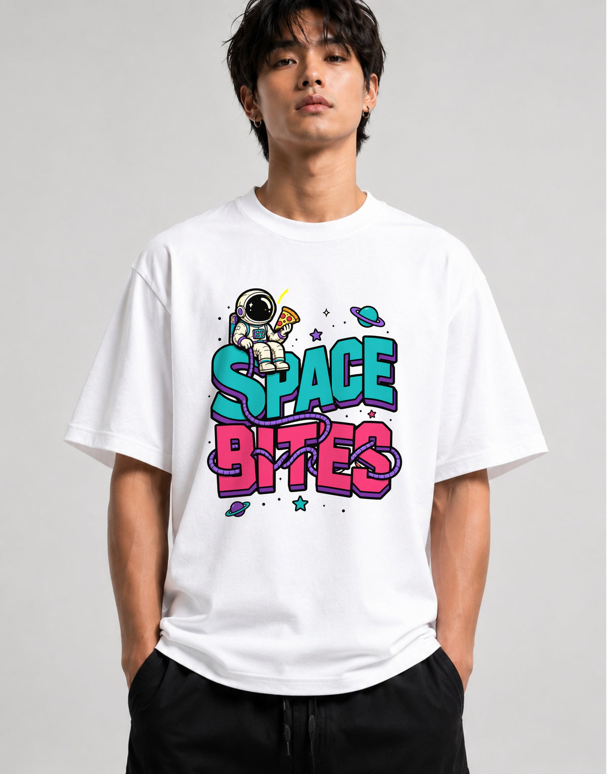 Space Bites Astronaut Pizza Shirt - Retro Cosmic Food Graphic Tee - White