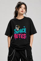 Space Bites Astronaut Pizza Shirt - Retro Cosmic Food Graphic Tee - Black