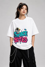 Space Bites Astronaut Pizza Shirt - Retro Cosmic Food Graphic Tee - White