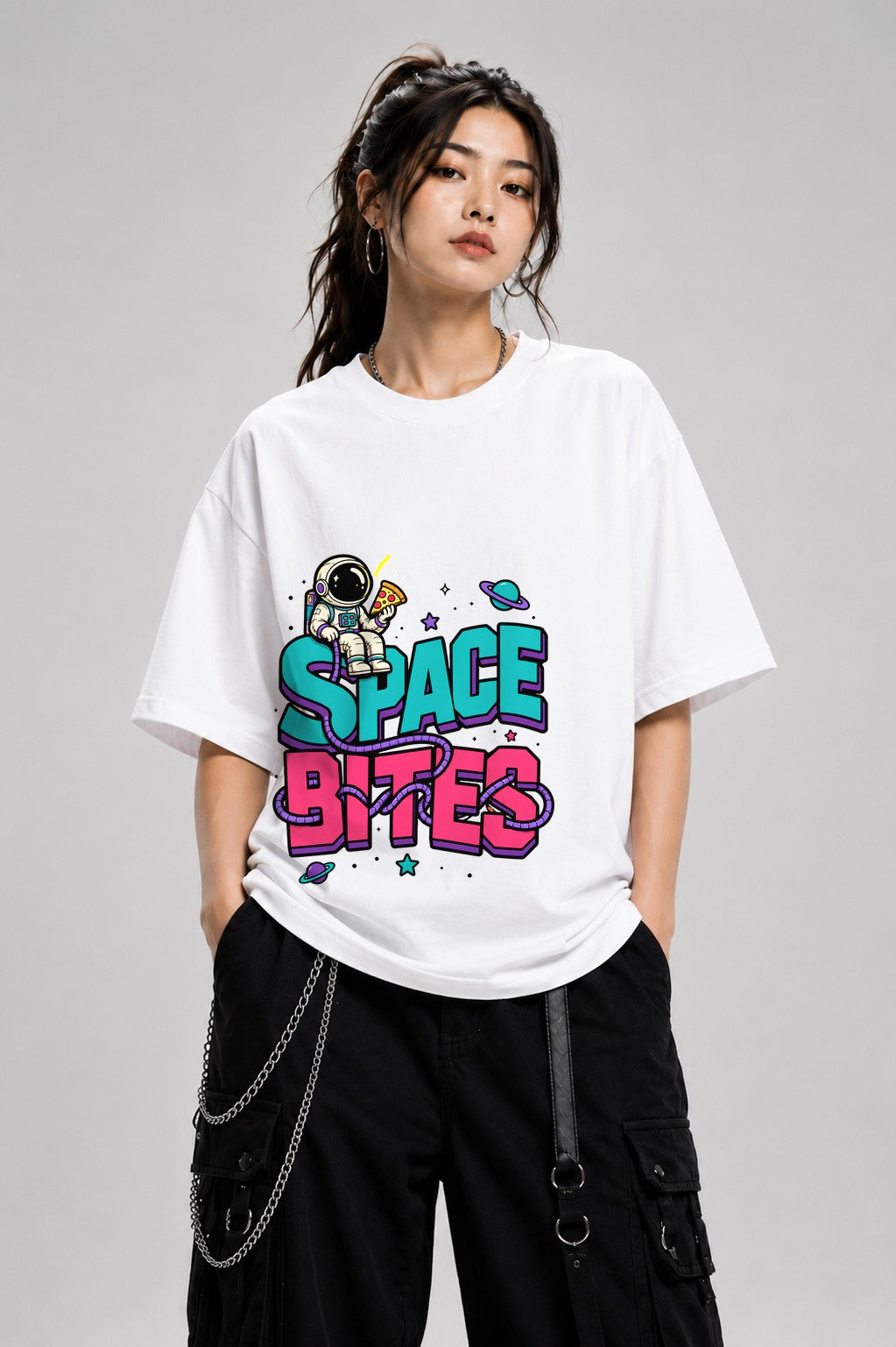 Space Bites Astronaut Pizza Shirt - Retro Cosmic Food Graphic Tee - White