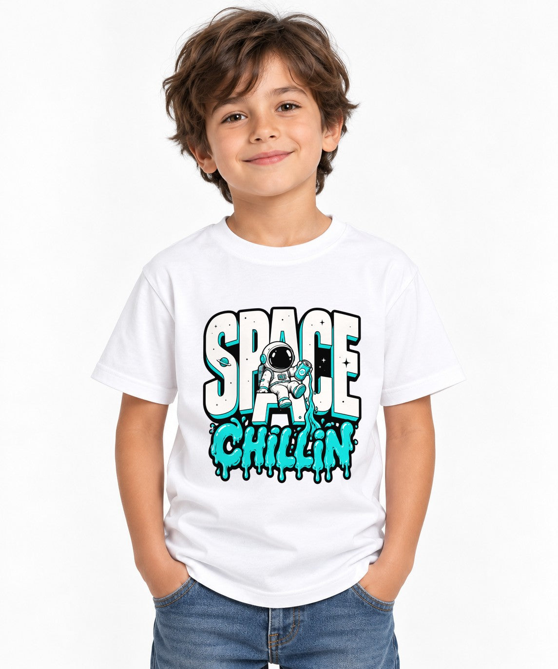 Space Chillin Astronaut Graphic Tee - Retro Cosmic Streetwear - White