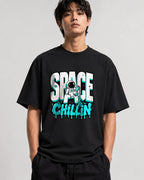 Space Chillin Astronaut Graphic Tee - Retro Cosmic Streetwear - Black