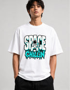 Space Chillin Astronaut Graphic Tee - Retro Cosmic Streetwear - White