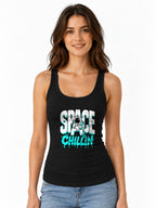 Space Chillin Astronaut Graphic Tee - Retro Cosmic Streetwear - Black