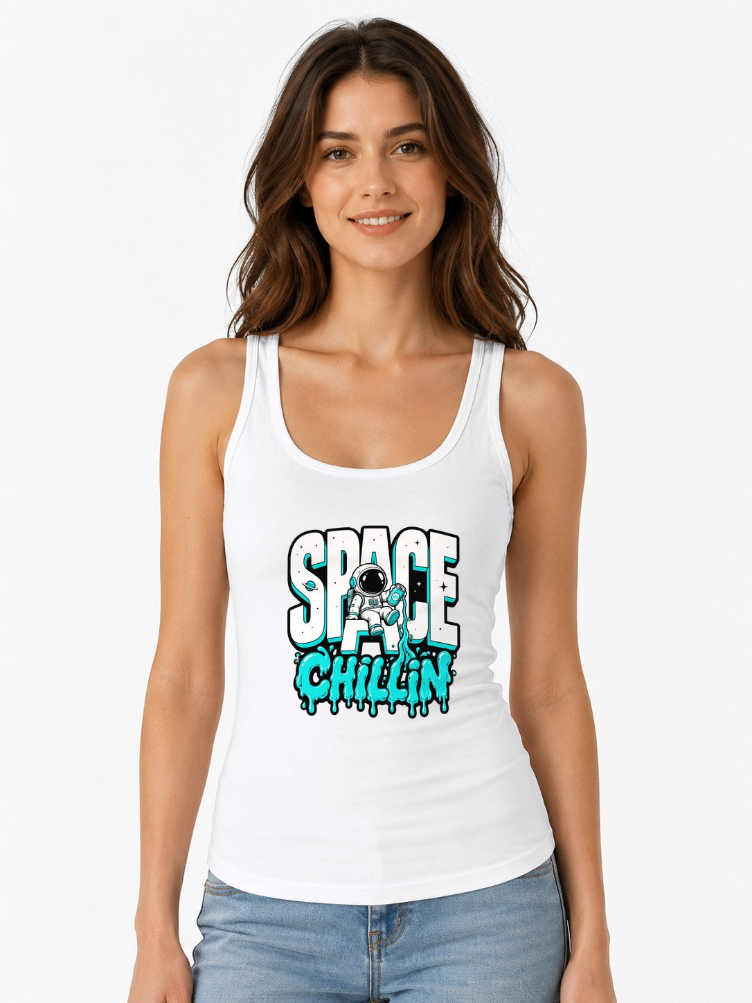 Space Chillin Astronaut Graphic Tee - Retro Cosmic Streetwear - White