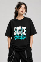 Space Chillin Astronaut Graphic Tee - Retro Cosmic Streetwear - Black