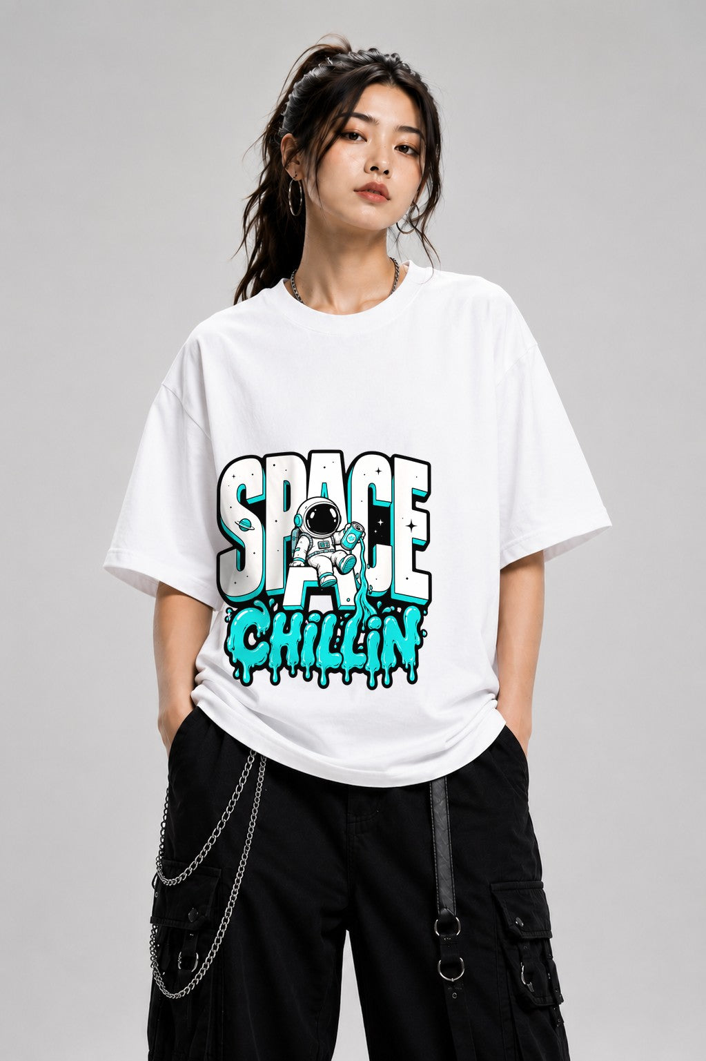 Space Chillin Astronaut Graphic Tee - Retro Cosmic Streetwear - White