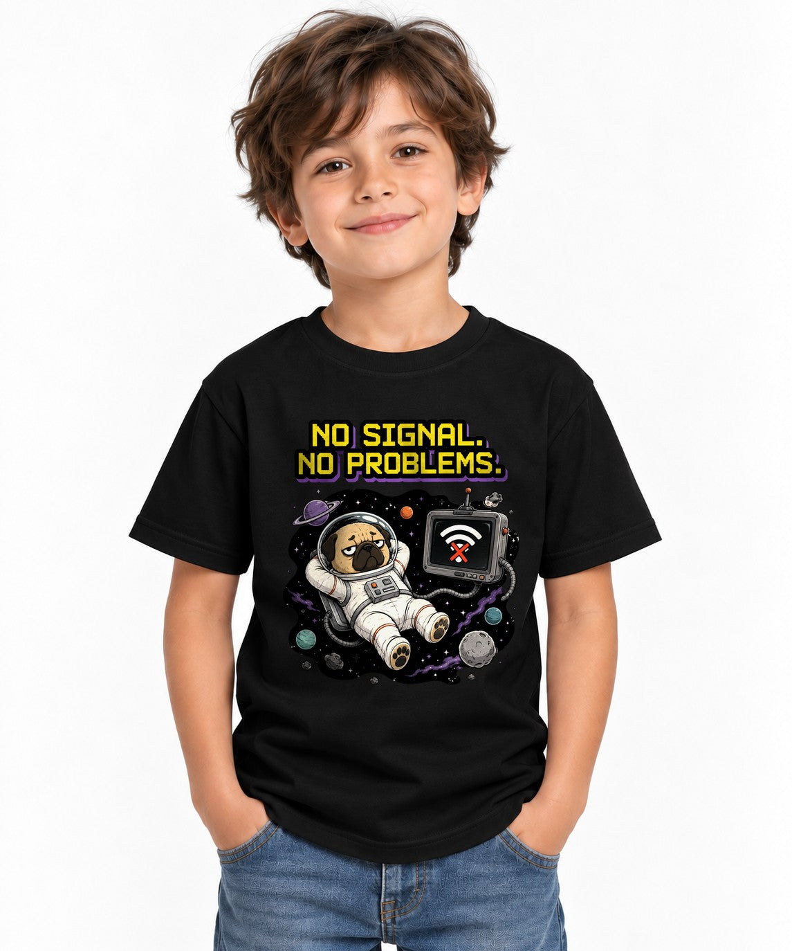 Space Pug No Signal Shirt - Funny Astronaut Dog Graphic Tee - Black