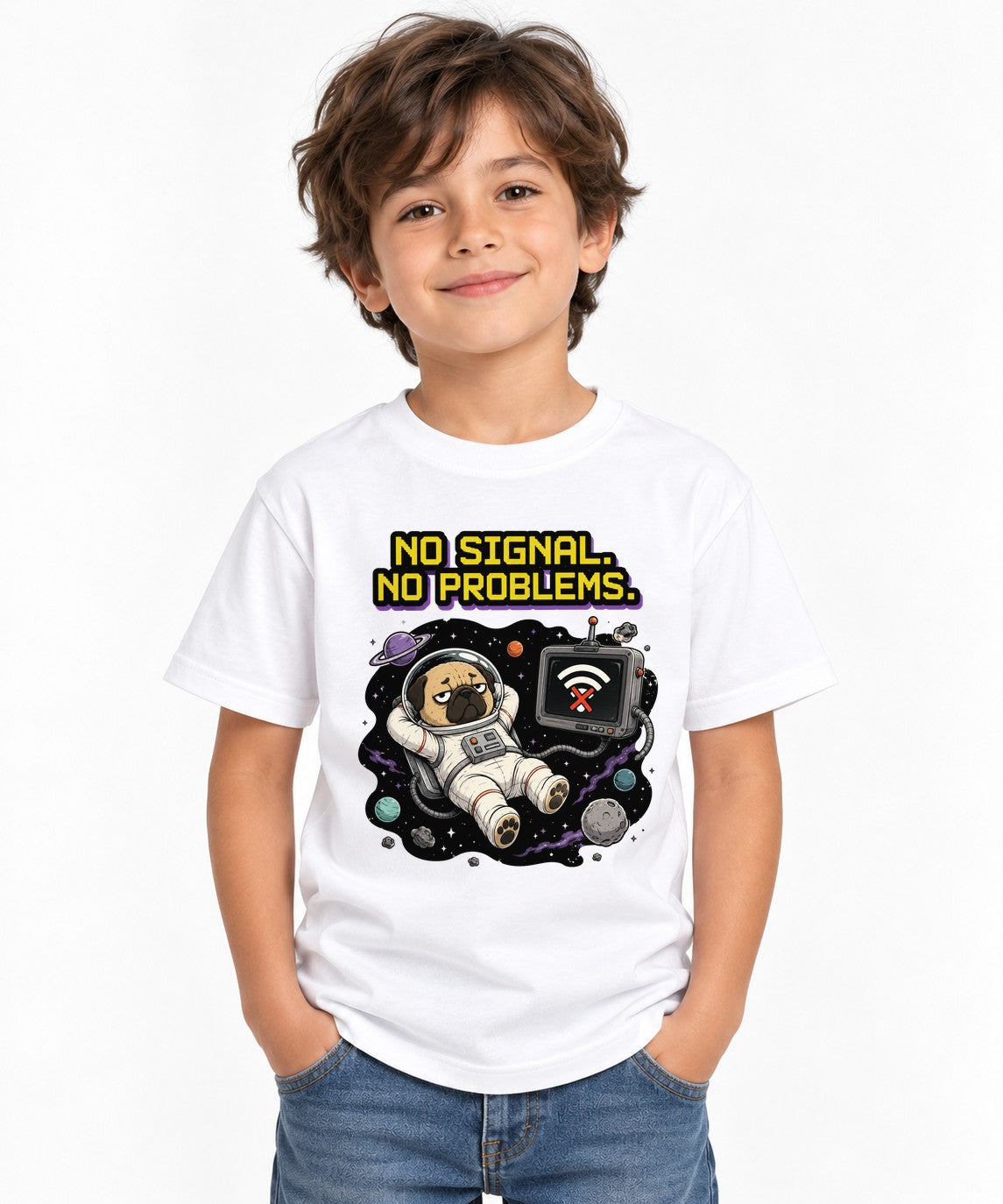 Space Pug No Signal Shirt - Funny Astronaut Dog Graphic Tee - White