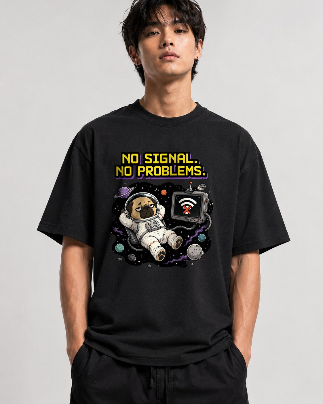 Space Pug No Signal Shirt - Funny Astronaut Dog Graphic Tee - Black