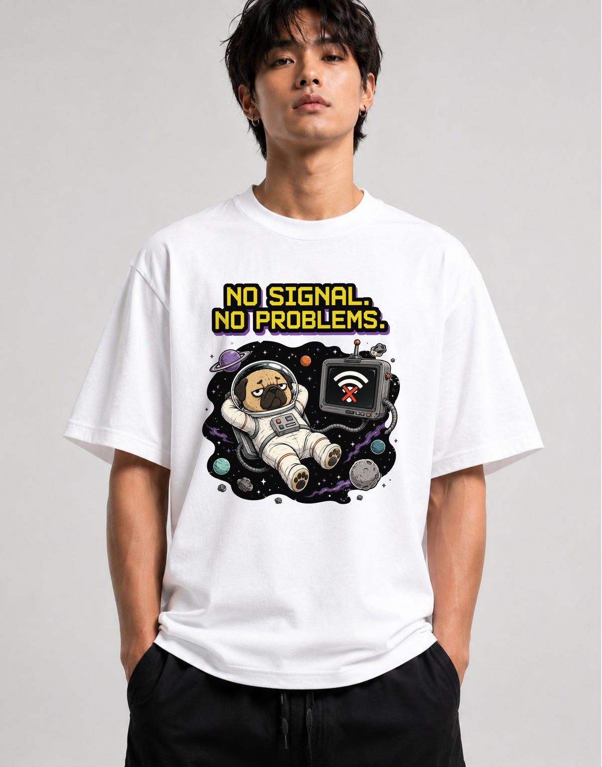 Space Pug No Signal Shirt - Funny Astronaut Dog Graphic Tee - White