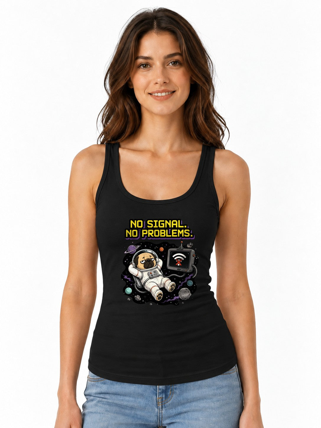 Space Pug No Signal Shirt - Funny Astronaut Dog Graphic Tee - Black