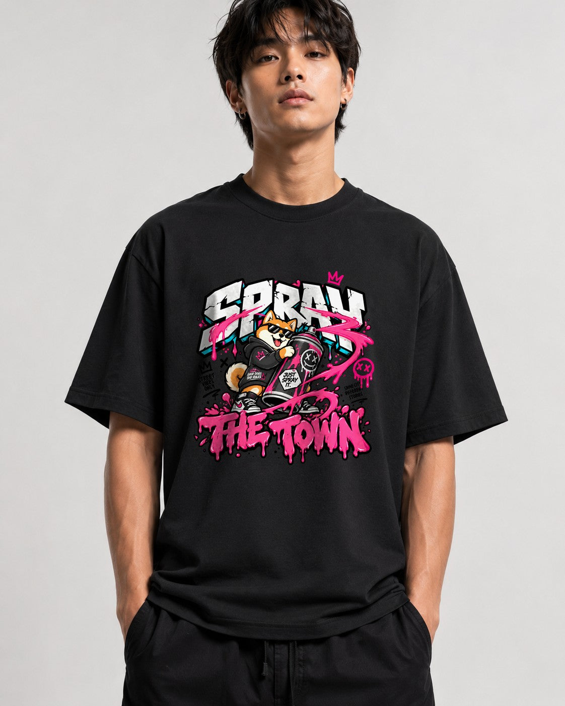 Spray The Town Shiba Graffiti Tee - Street Art Dog Shirt - Black