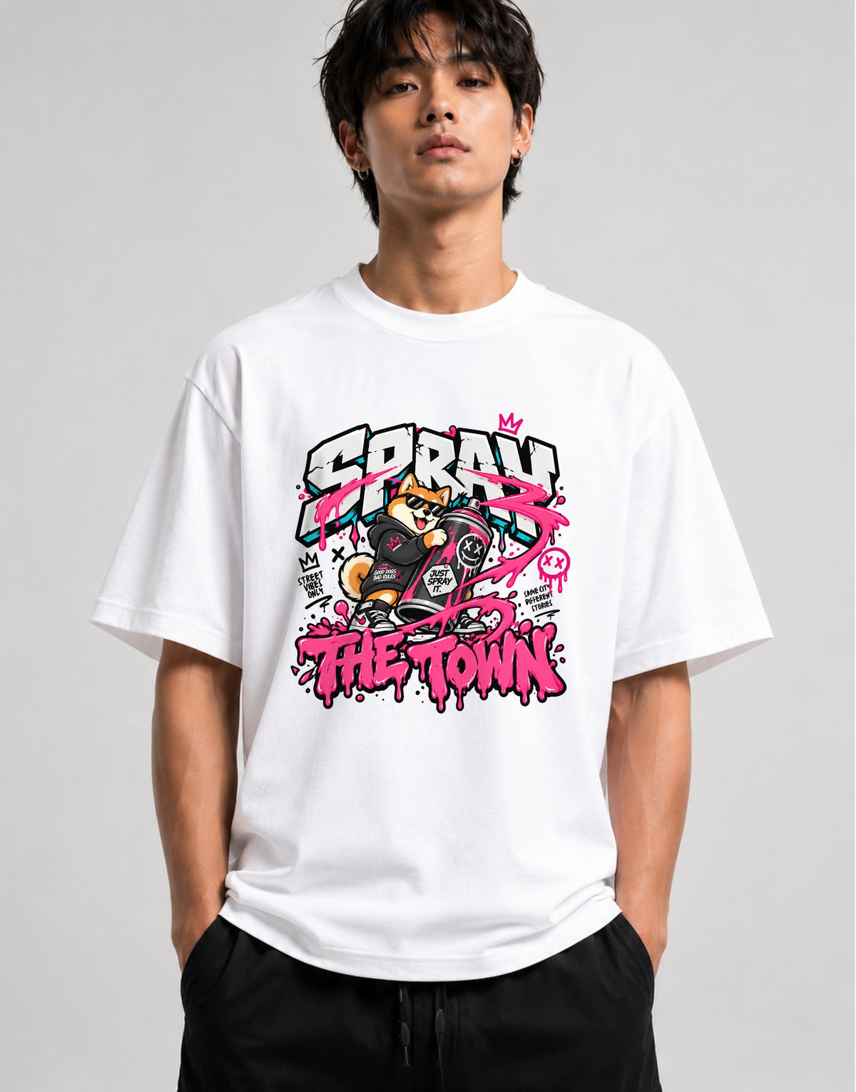 Spray The Town Shiba Graffiti Tee - Street Art Dog Shirt - White