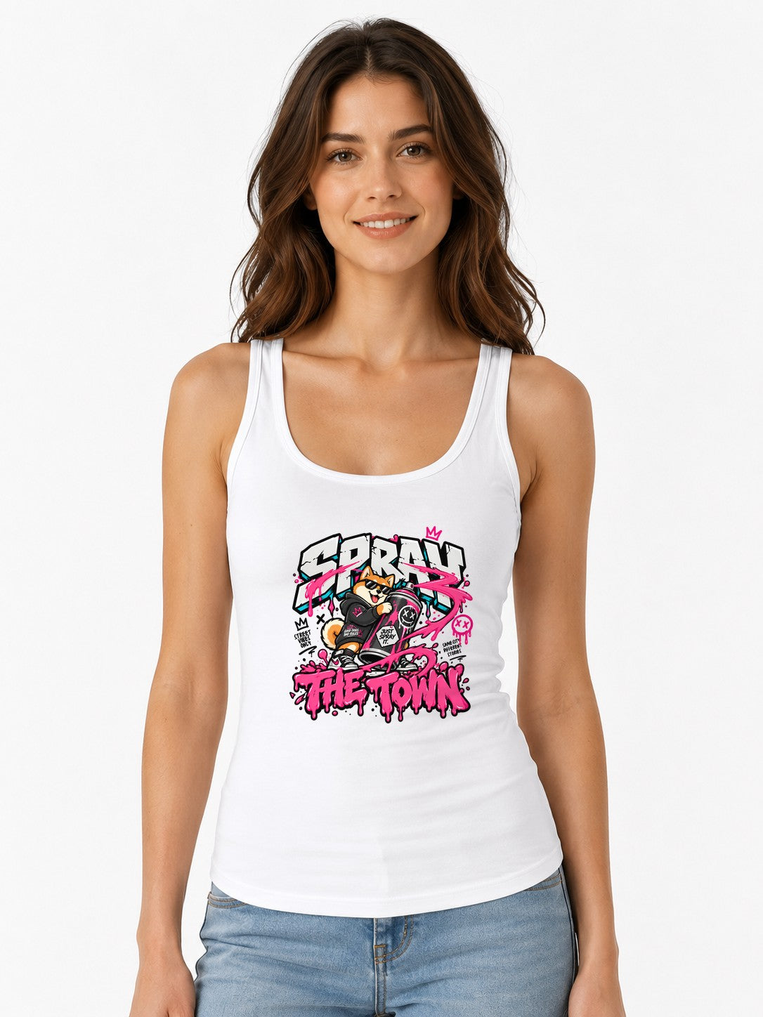 Spray The Town Shiba Graffiti Tee - Street Art Dog Shirt - White