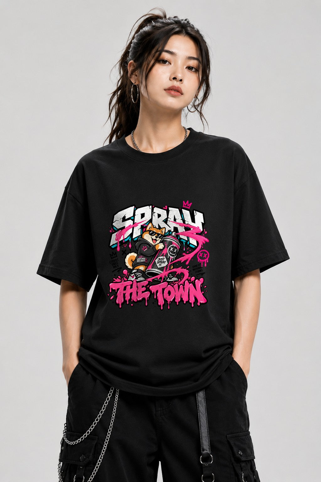 Spray The Town Shiba Graffiti Tee - Street Art Dog Shirt - Black
