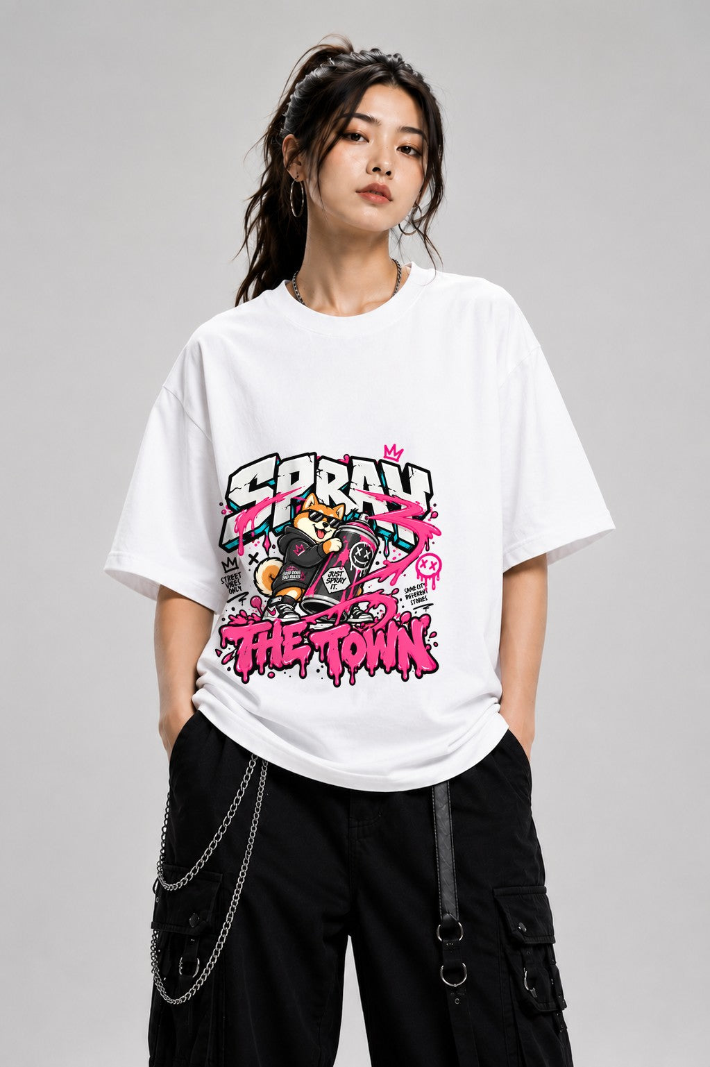 Spray The Town Shiba Graffiti Tee - Street Art Dog Shirt - White