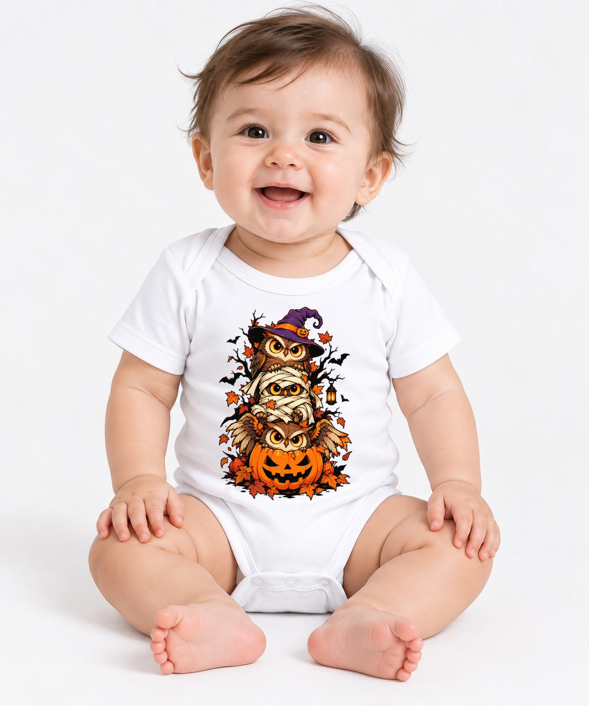 Stacked Halloween Owls - White