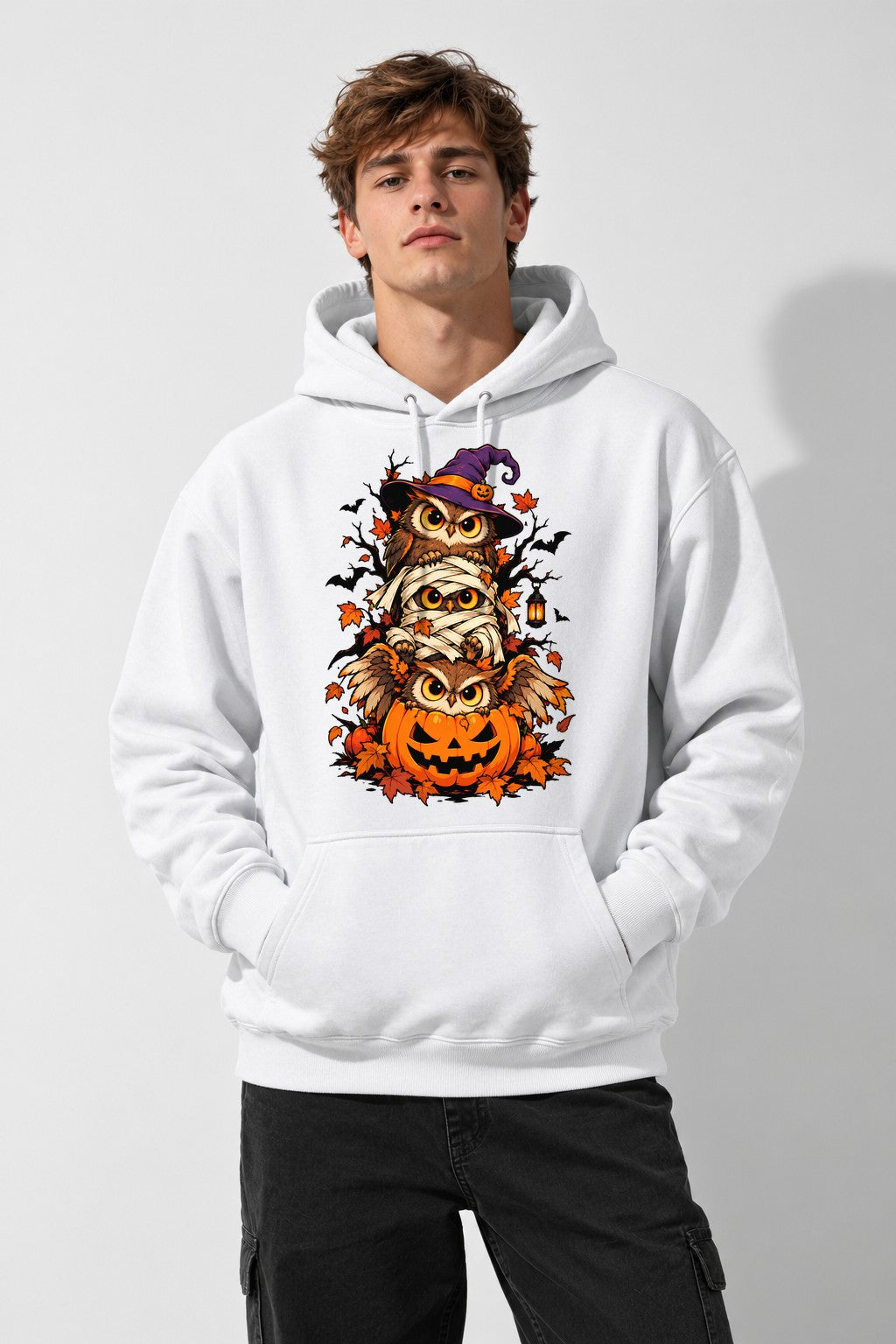 Stacked Halloween Owls - White
