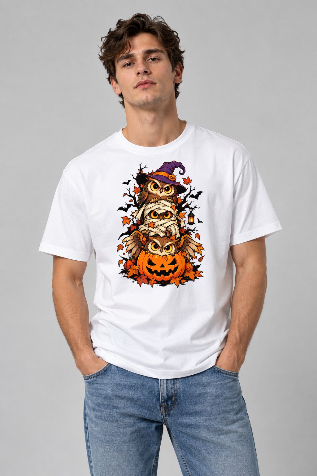 Stacked Halloween Owls - White