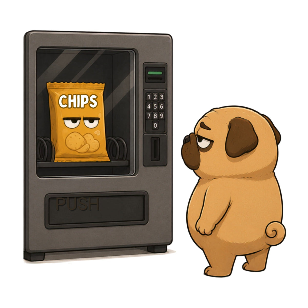 Staring Contest Vending Machine Chips Funny Hungry Pug Dog Humor