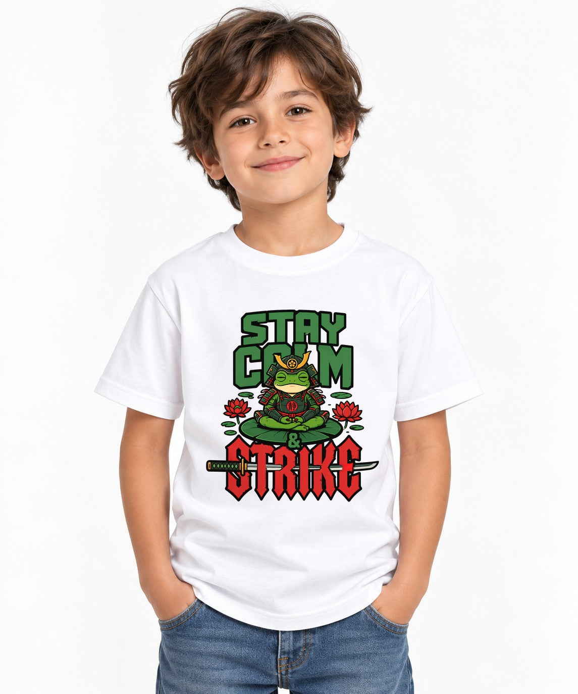Stay Calm Strike Samurai Frog Tee - Zen Warrior Graphic Shirt - White