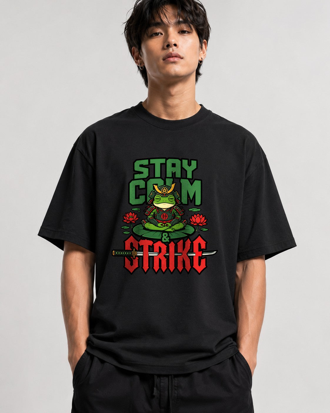 Stay Calm Strike Samurai Frog Tee - Zen Warrior Graphic Shirt - Black