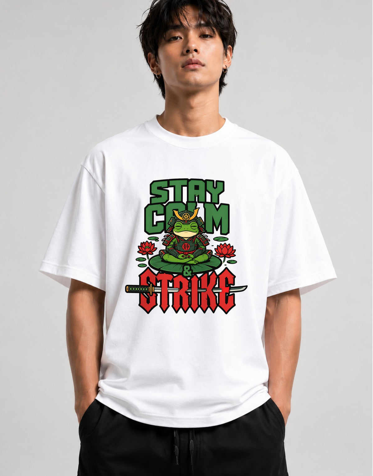 Stay Calm Strike Samurai Frog Tee - Zen Warrior Graphic Shirt - White