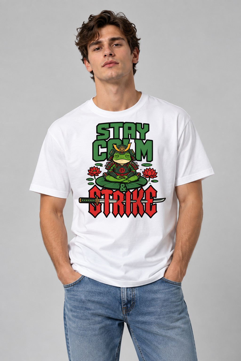 Stay Calm Strike Samurai Frog - White