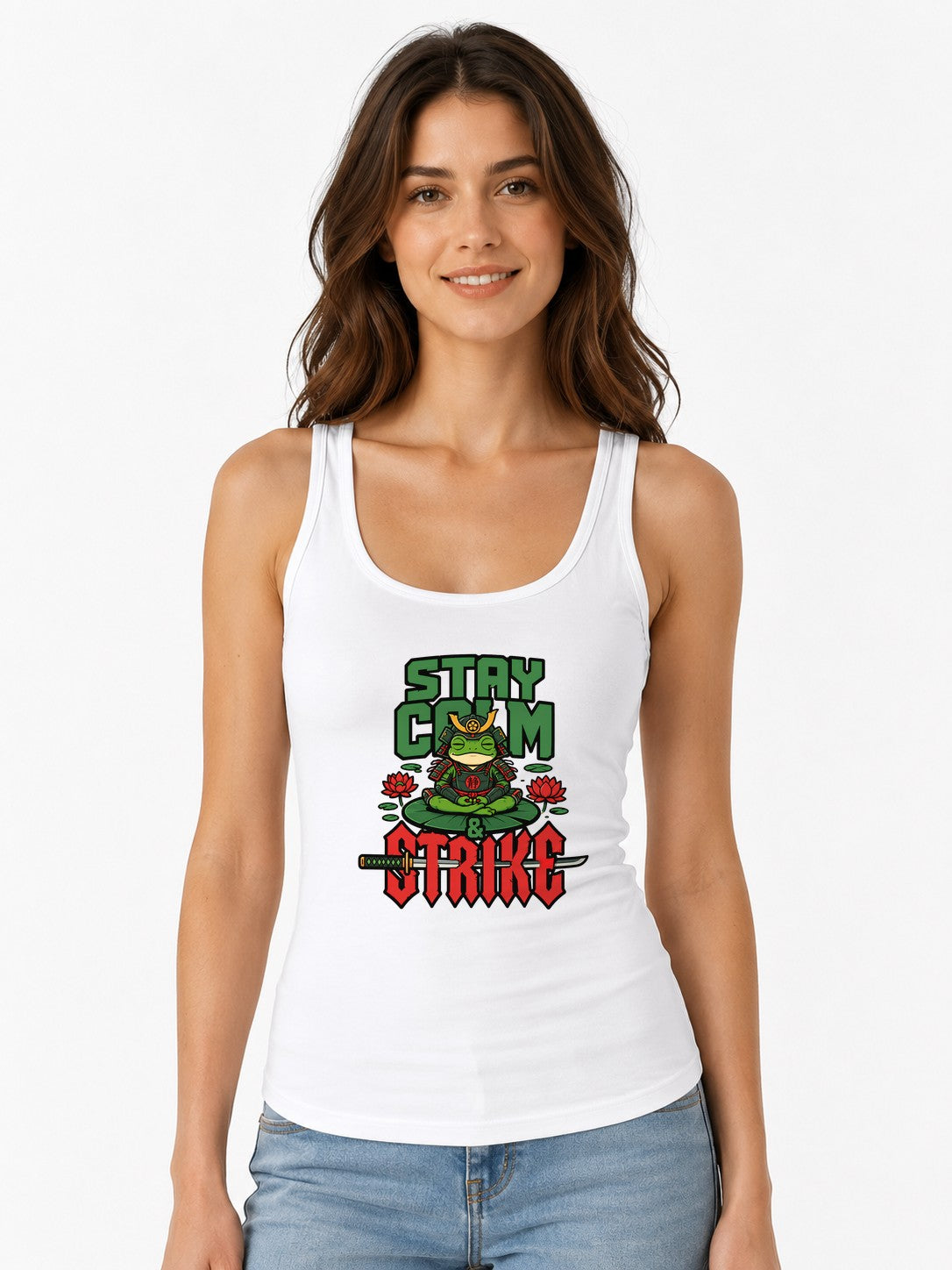 Stay Calm Strike Samurai Frog Tee - Zen Warrior Graphic Shirt - White
