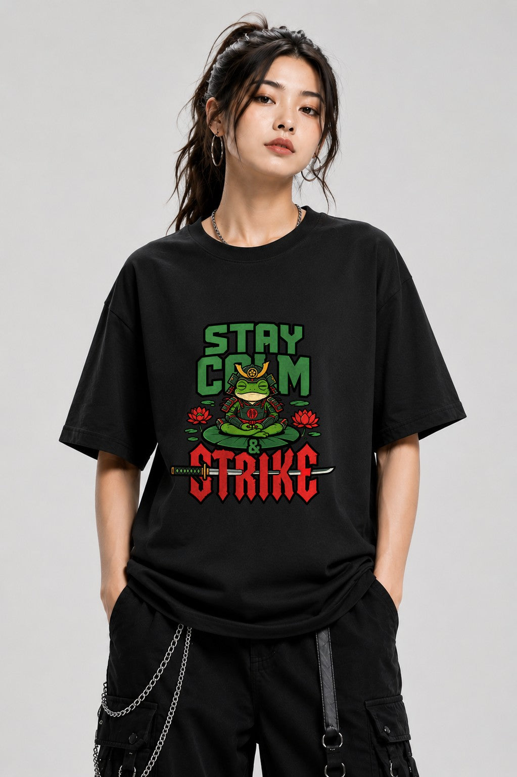 Stay Calm Strike Samurai Frog Tee - Zen Warrior Graphic Shirt - Black
