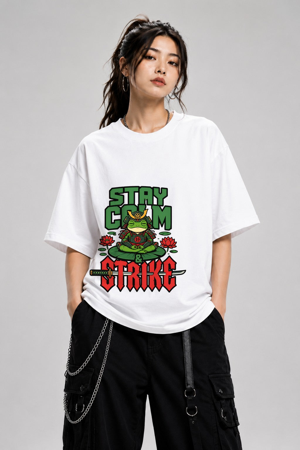 Stay Calm Strike Samurai Frog Tee - Zen Warrior Graphic Shirt - White