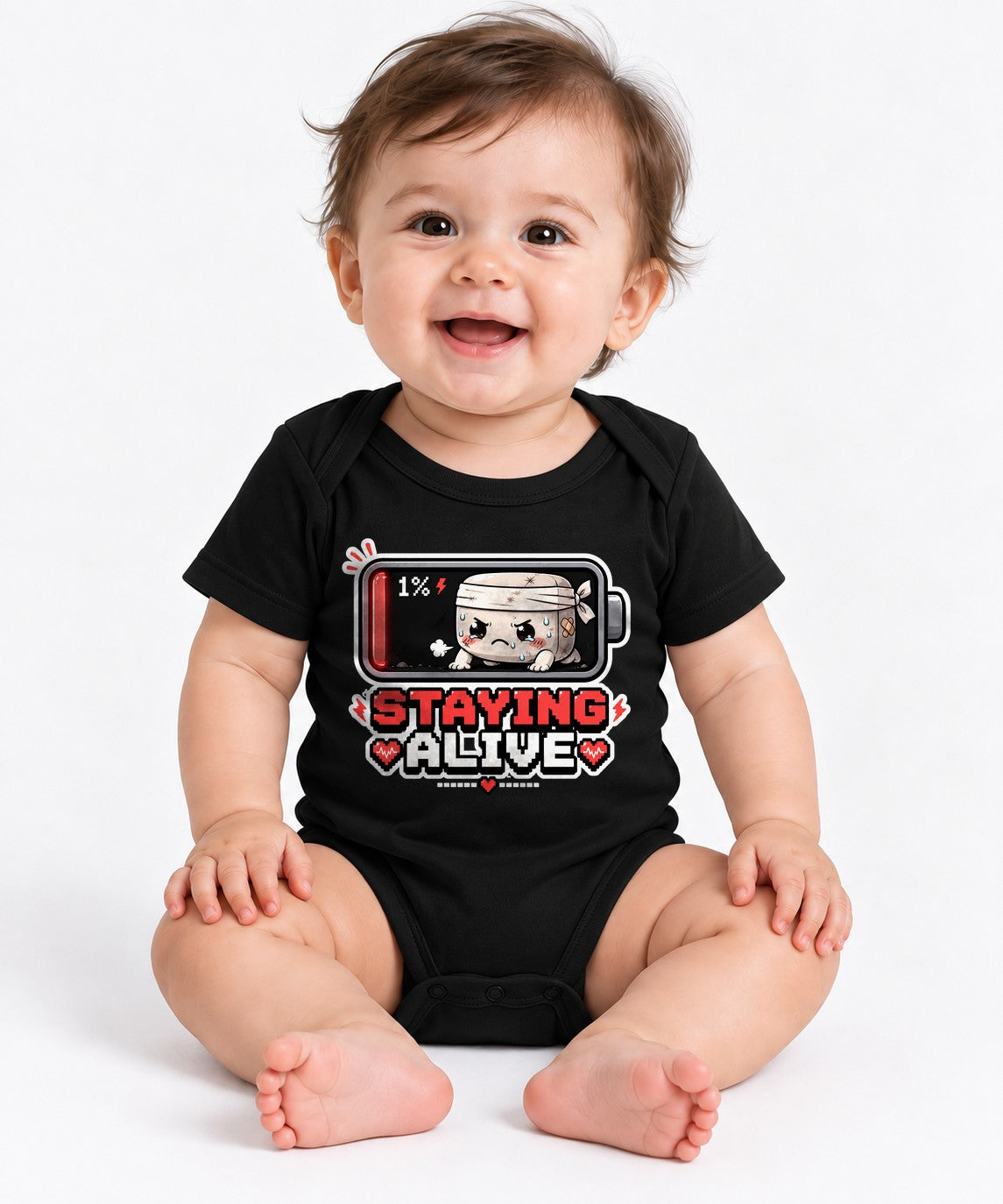 Staying Alive - Low Battery 1 Percent Cute Gamer Exhausted Graphic T-Shirt - Black