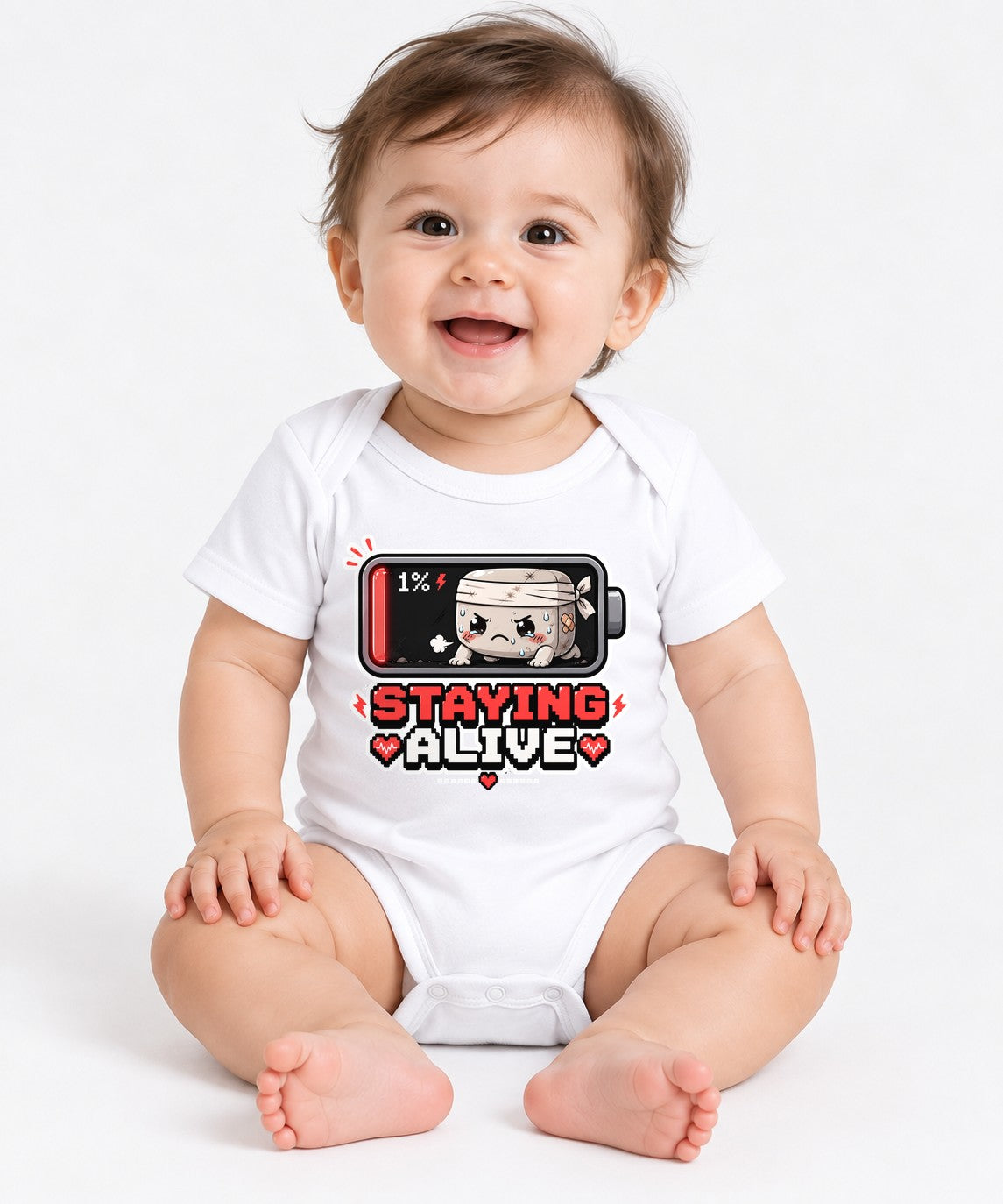 Staying Alive - Low Battery 1 Percent Cute Gamer Exhausted Graphic T-Shirt - White