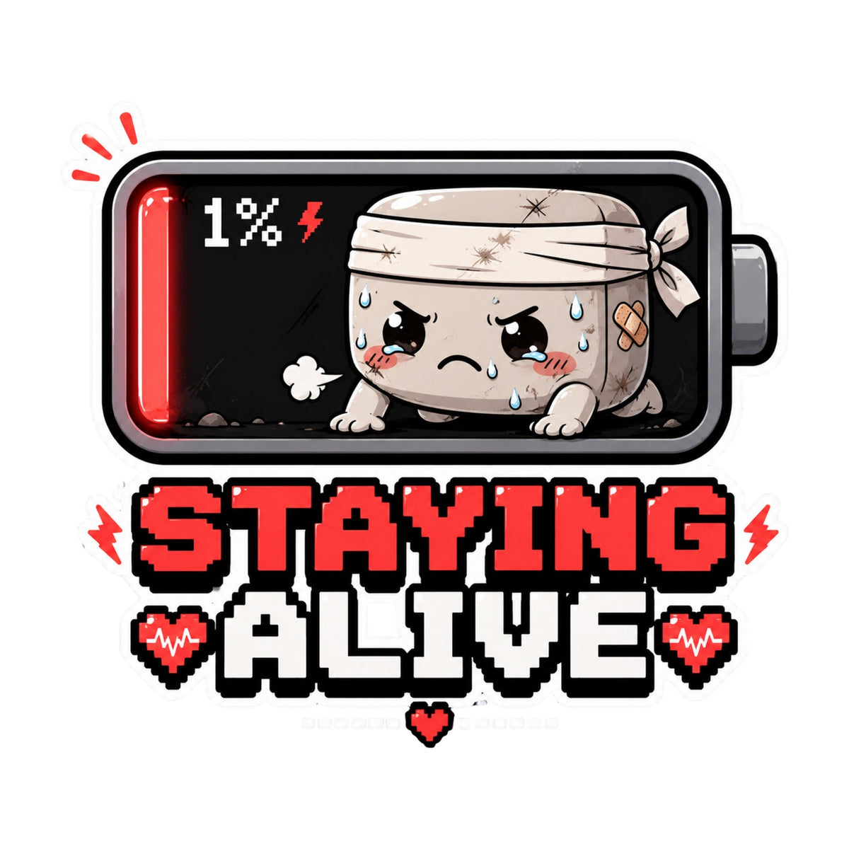 Staying Alive - Low Battery 1 Percent Cute Gamer Exhausted Graphic T-Shirt
