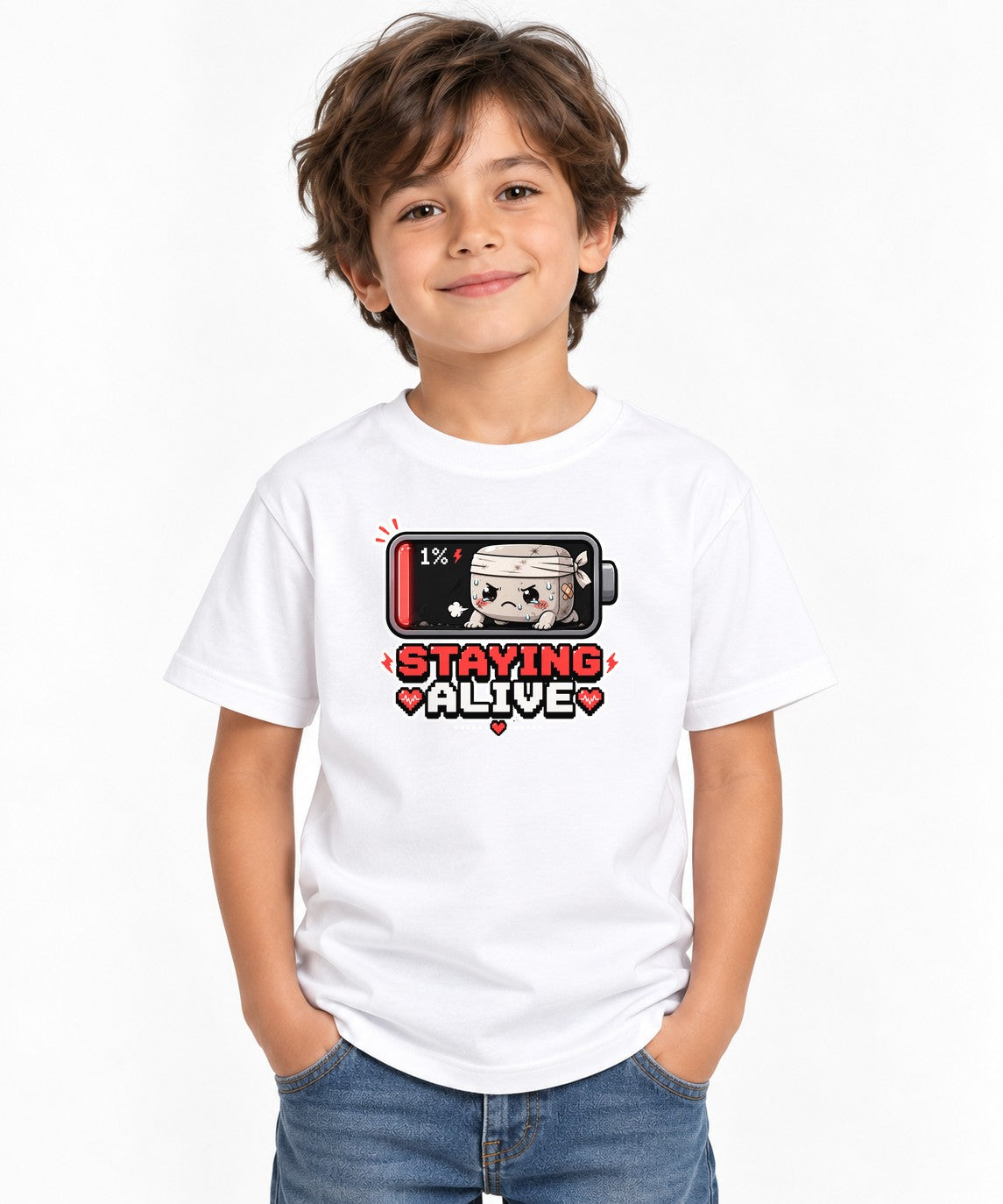 Staying Alive - Low Battery 1 Percent Cute Gamer Exhausted Graphic T-Shirt - White