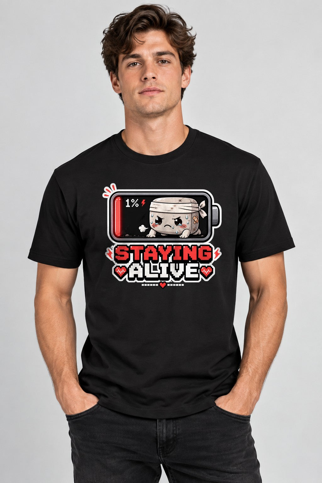 Staying Alive - Low Battery 1 Percent Cute Gamer Exhausted Graphic T-Shirt - Black